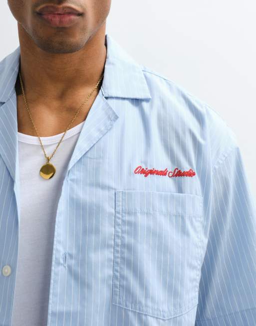Jack & Jones poplin stripe shirt with pocket embroidery in blue, 2 of 5