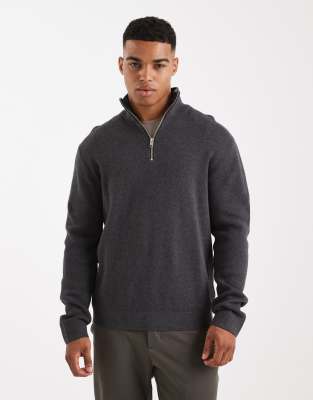 Jack & Jones Premium 1/4 Zip Sweater In Gray