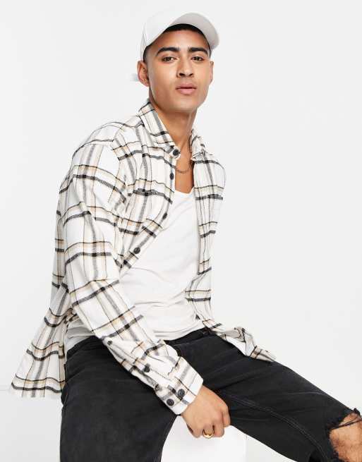 Jack & Jones Premium – Beige rutig overshirt i borstat material 