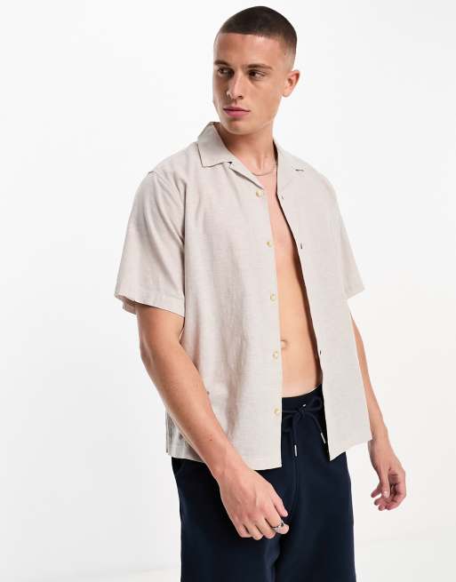 Jack & Jones Premium - Beige skjorte med reverskrave i hørblanding 