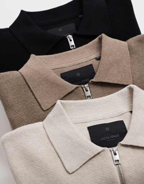 Jack & Jones – Premium – Beige, stickad pikétröja med långa ärmar och kort dragkedja - view 1