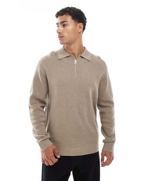 Jack & Jones premium long sleeve knitted polo with quarter zip in beige