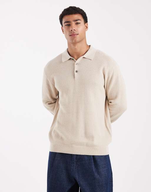 Jack & Jones Premium – Beżowa dzianinowa koszulka polo z długimi rękawami