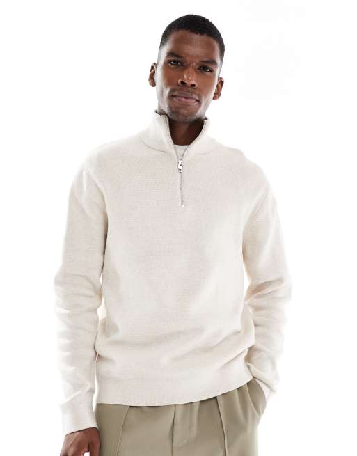 Jack & Jones Premium – Beżowy dzianinowy sweter z zamkiem pod szyją