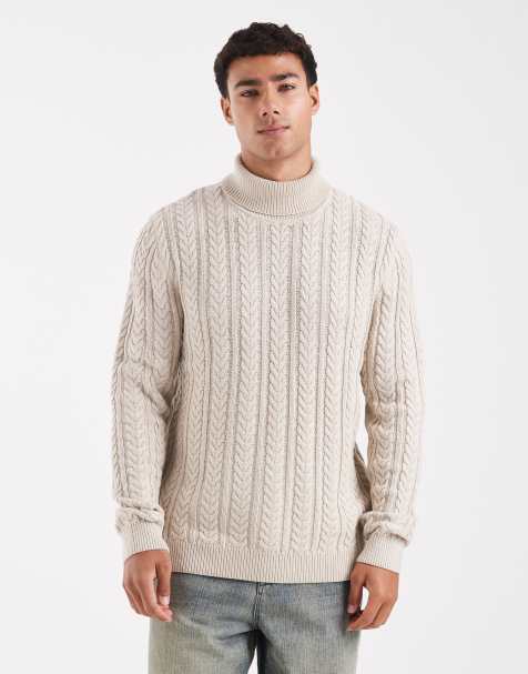 Jack & Jones premium cable knit roll neck jumper in beige