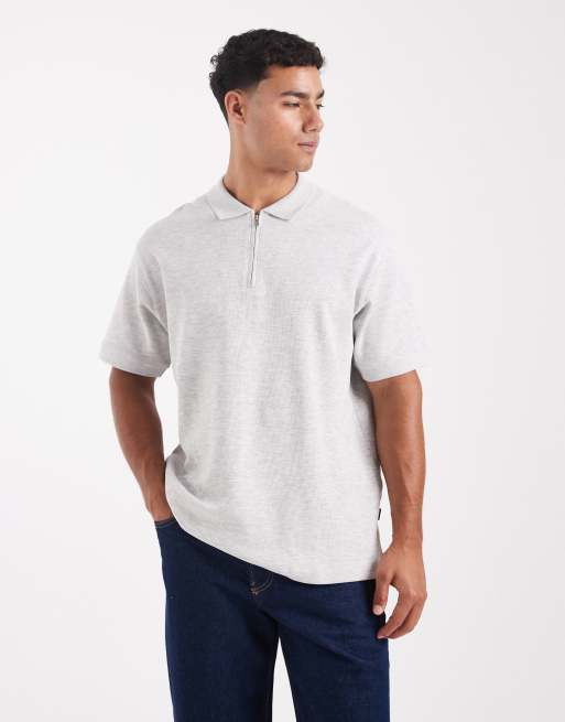 Jack & Jones Premium – Biała fakturowana koszulka polo z zamkiem pod szyją