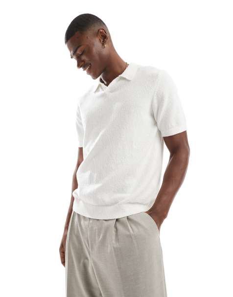 Jack & Jones Premium split neck boucle texture polo shirt in white