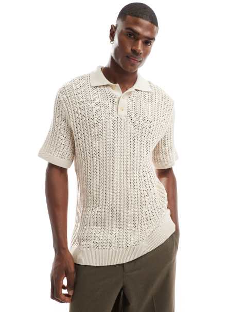 Jack & Jones Premium crochet knitted polo shirt in white