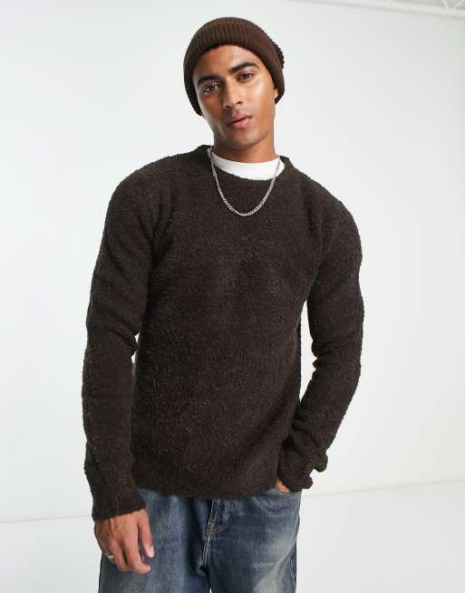 Jack Jones Premium boiled wool textured jumper in chocolate ASOS