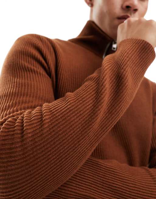 Jack & Jones Premium – Brązowy prążkowany sweter z zamkiem pod szyją, 3 z 4