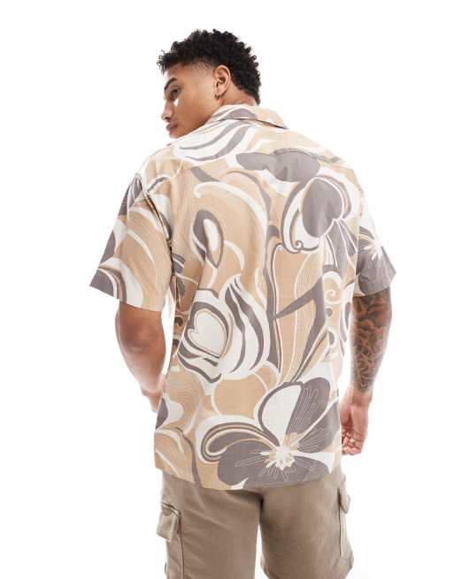 Jack & Jones Premium – Brun, retroblommig skjorta med platt krage i bomull , 3 av 4