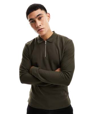 Jack & Jones – Premium – Brun, stickad pikétröja med långa ärmar och kort dragkedja - view 1