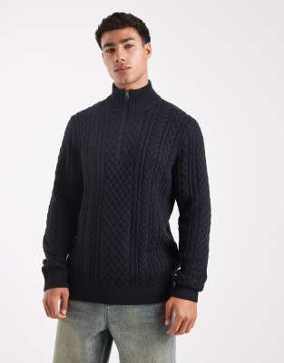Jack & Jones premium cable knit half zip jumper in navy