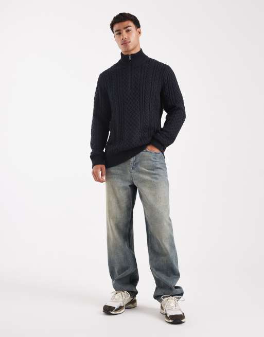 Jack & Jones premium cable knit half zip sweater in navy, 2 of 5