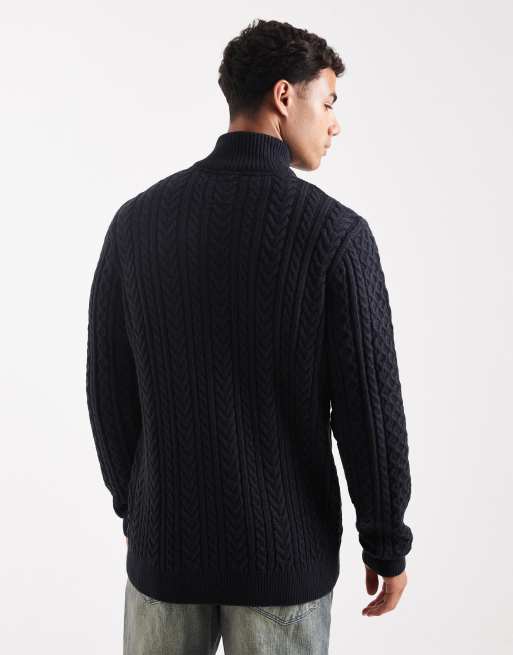 Jack & Jones premium cable knit half zip sweater in navy, 3 of 5