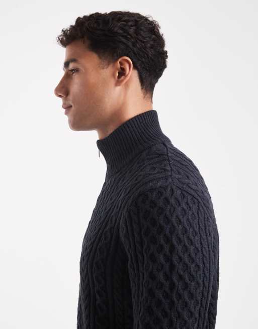 Jack & Jones premium cable knit half zip sweater in navy, 4 of 5