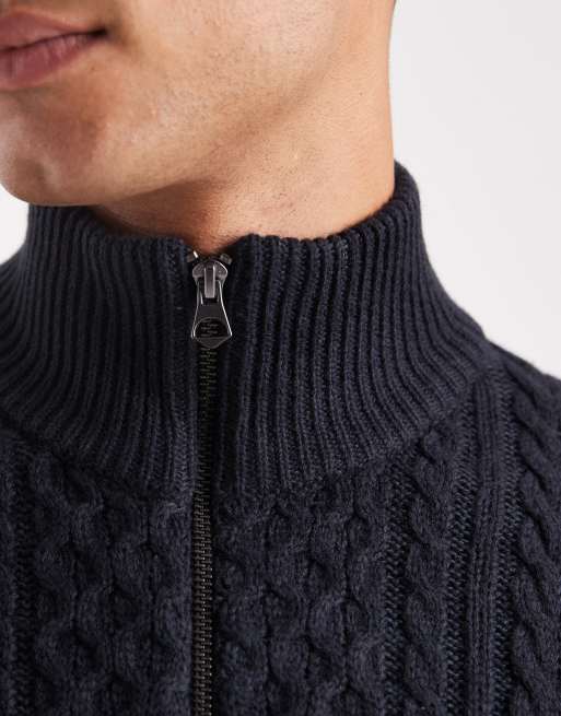 Jack & Jones premium cable knit half zip sweater in navy, 5 of 5