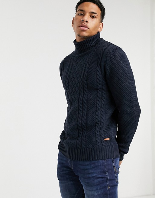 Jack & Jones Premium cable knit jumper with roll neck in navy