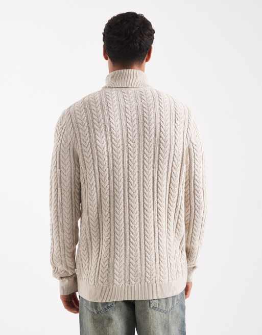 Jack & Jones premium cable knit roll neck jumper in beige, 3 of 5