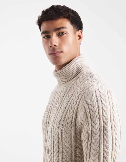 Jack & Jones premium cable knit roll neck jumper in beige, 4 of 5