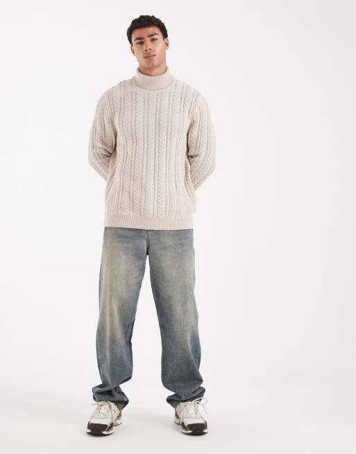 Jack & Jones premium cable knit roll neck jumper in silver lining, 2 of 5