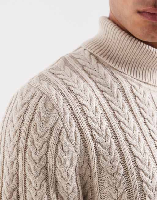 Jack & Jones premium cable knit turtle neck sweater in beige, 5 of 5