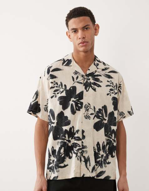 Jack & Jones Premium - Camicia a maniche corte beige con stampa di piante - view 1