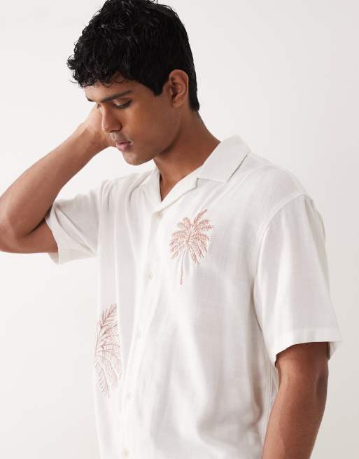 Jack & Jones Premium - Camicia a maniche corte bianca con palme ricamate, 4 di 5
