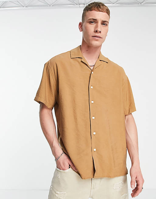Premium Asos Uomo Abbigliamento Camicie Camicie a maniche corte Camicia a maniche corte color cuoio testurizzata con rever 