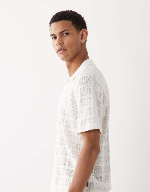 Jack & Jones Premium - Camicia button-down in maglia bianca con motivo squadrato, 4 di 5