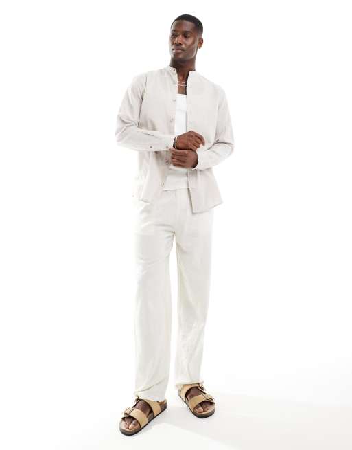 Jack & Jones Premium - Camicia in lino beige con collo serafino