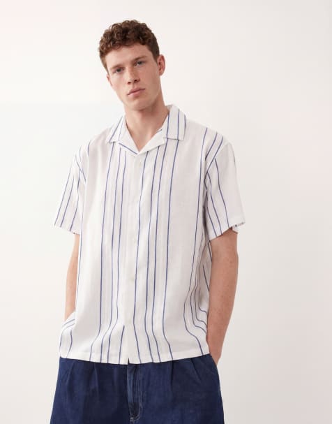 Jack & Jones Premium - camisa de manga corta de mezcla de lino con rayas azules sobre blanco - view 1