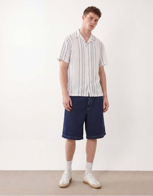 Jack & Jones Premium - camisa de manga corta de mezcla de lino con rayas azules sobre blanco, 2 de 5
