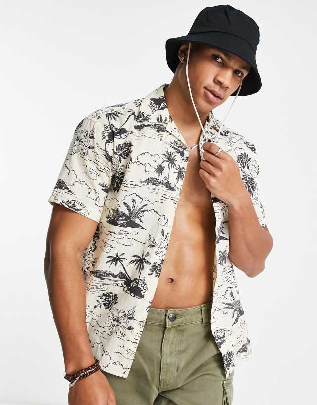 Jack & Jones Premium camp collar island print shirt in linen mix