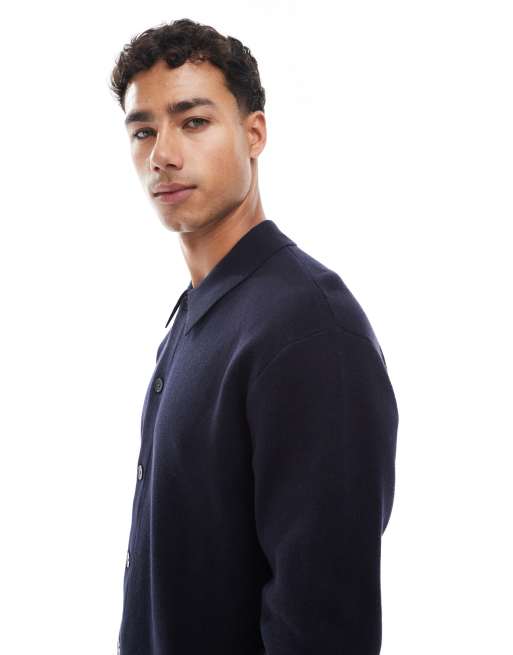 Jack & Jones Premium - Cardigan in maglia color blu navy con colletto, 5 di 5