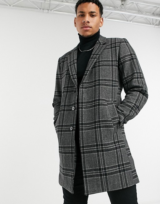 Jack & Jones Premium check overcoat in grey