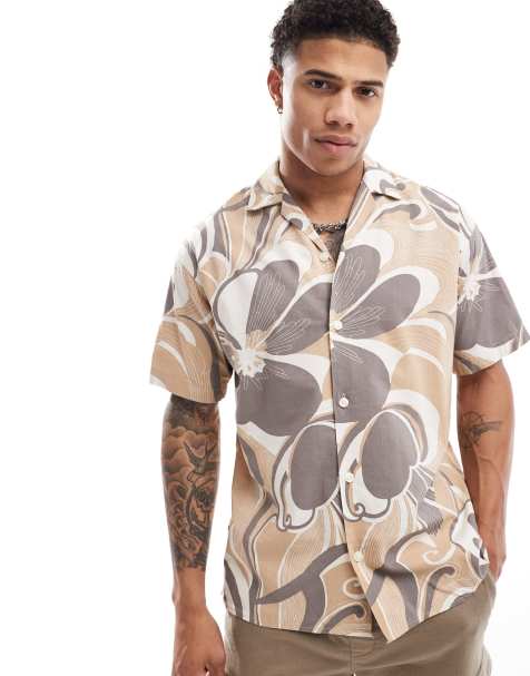Jack & Jones Premium - Chemise à col cranté en coton - Imprimé fleurs rétro marron - view 1