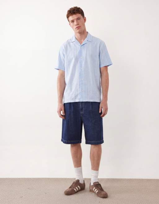 Jack & Jones Premium chemise à manches courtes en mélange de lin à rayures blanches bleu clair, 2 de 5
