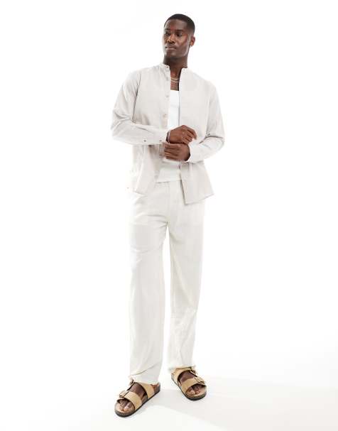 Jack & Jones - Premium - Chemise en lin à col grand-père - Beige - view 1