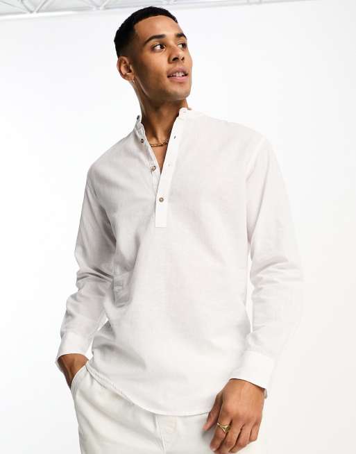 Jack Jones Premium Chemise en lin m lang demi patte de boutonnage Blanc