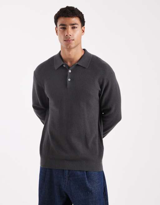 Jack & Jones Premium – Ciemnoszara dzianinowa koszulka polo z długim rękawem