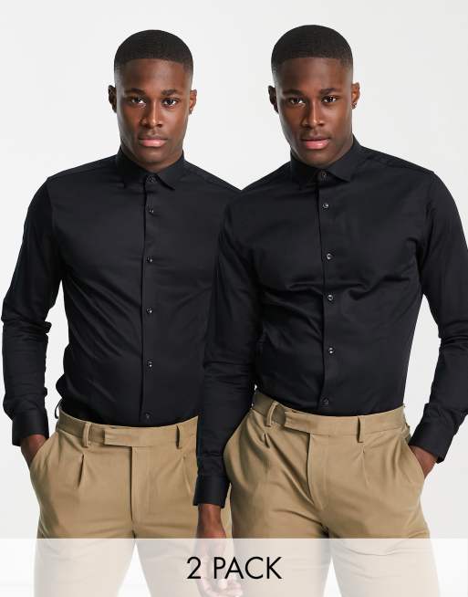 Jack & Jones Premium cotton 2 pack smart shirts with cutaway collars in black - MULTI