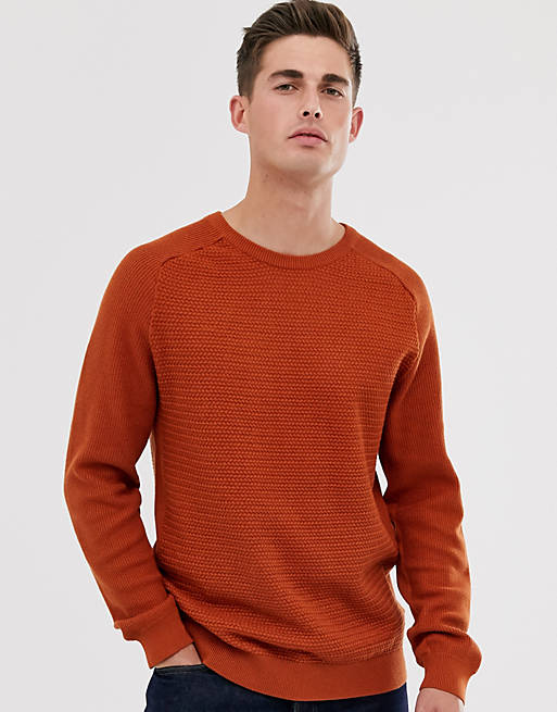 Jack & Jones Premium cotton crew neck textured jumper in orange | ASOS