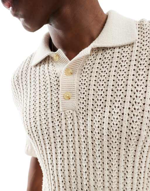 Jack & Jones Premium crochet knit polo shirt in white | ASOS
