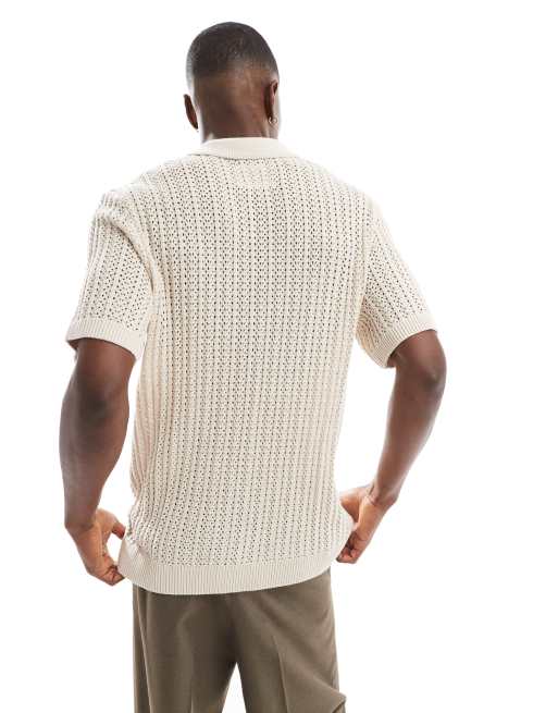 Jack & Jones Premium crochet knit polo shirt in white | ASOS