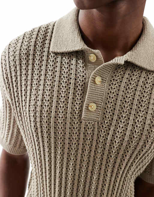 Jack & Jones Premium crochet knitted polo shirt in tan | ASOS