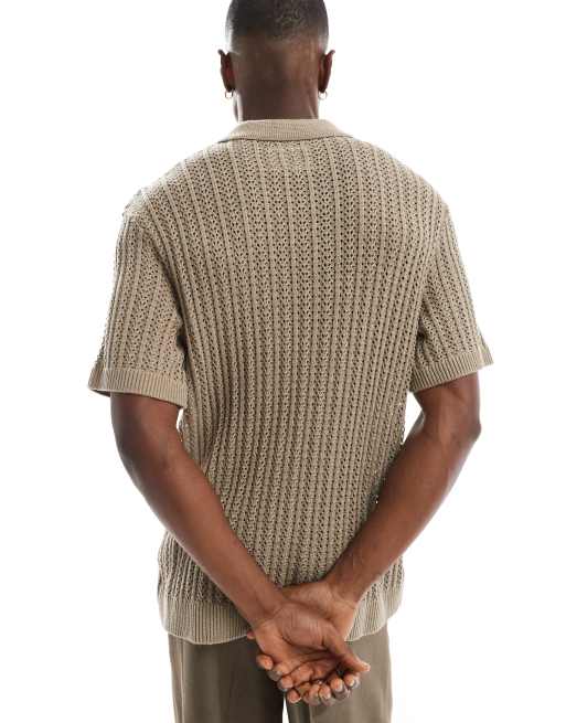 Jack & Jones Premium crochet knitted polo shirt in tan | ASOS