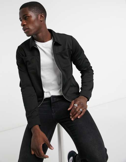 Jack & Jones Premium – Czarna dżersejowa kurtka o pudełkowym kroju zapinana na zamek