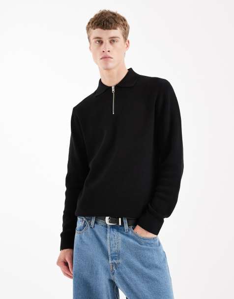 Jack & Jones premium long sleeve knitted polo with quarter zip in black