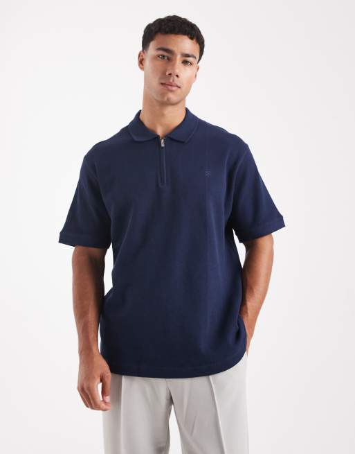 Jack & Jones Premium – Czarna fakturowana koszulka polo z zamkiem pod szyją